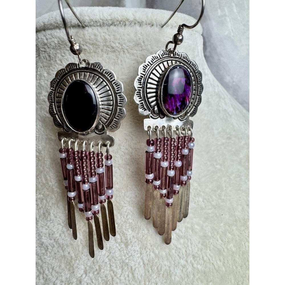 VTG Southwestern Sterling Silver Purple Dangle Beaded Earrings Cowgirl Boho